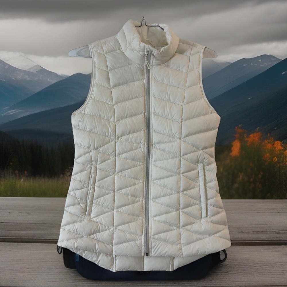 Down Filled women's Sz S puffer vest tangerine White , Packable Vacation Warm